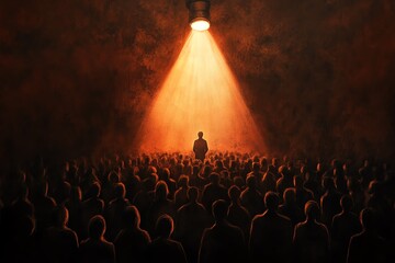 A person stands under a spotlight in a crowd, symbolizing individuality, leadership, or attention in a dark, abstract space. © K-Signature