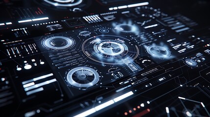 Close-up shot of a futuristic digital interface design with glowing blue and white elements on a dark background, featuring HUD elements and data displays.