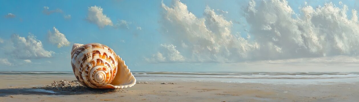 Serene beach scene with a solitary seashell on sandy shore, under a cloudy blue sky. Perfect for travel and relaxation themes.