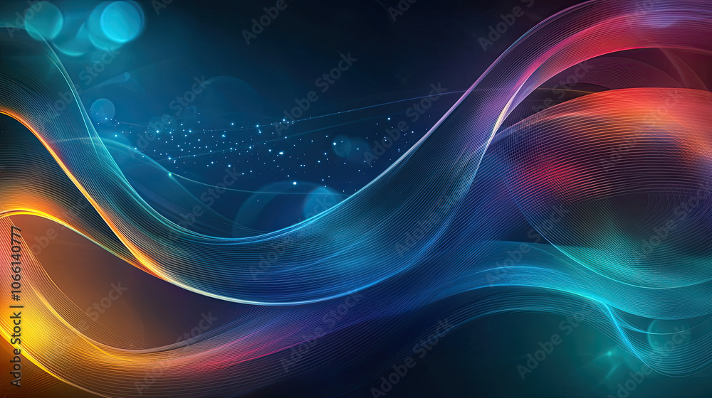 Poster vibrant digital abstract background with colorful flowing waves and light effects, creating dynamic 