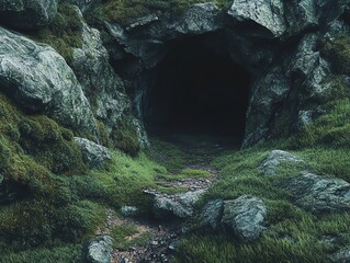 Mysterious forest cave entrance surrounded by moss and rocks, inviting exploration and adventure.