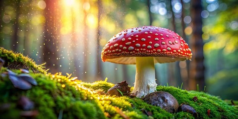A solitary red and white mushroom stands tall amidst a bed of vibrant green moss, bathed in the golden glow of the setting sun, casting a magical aura over the forest floor.
