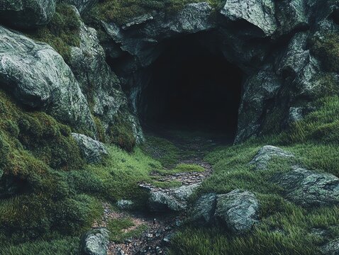 Mysterious forest cave entrance surrounded by moss and rocks, inviting exploration and adventure.