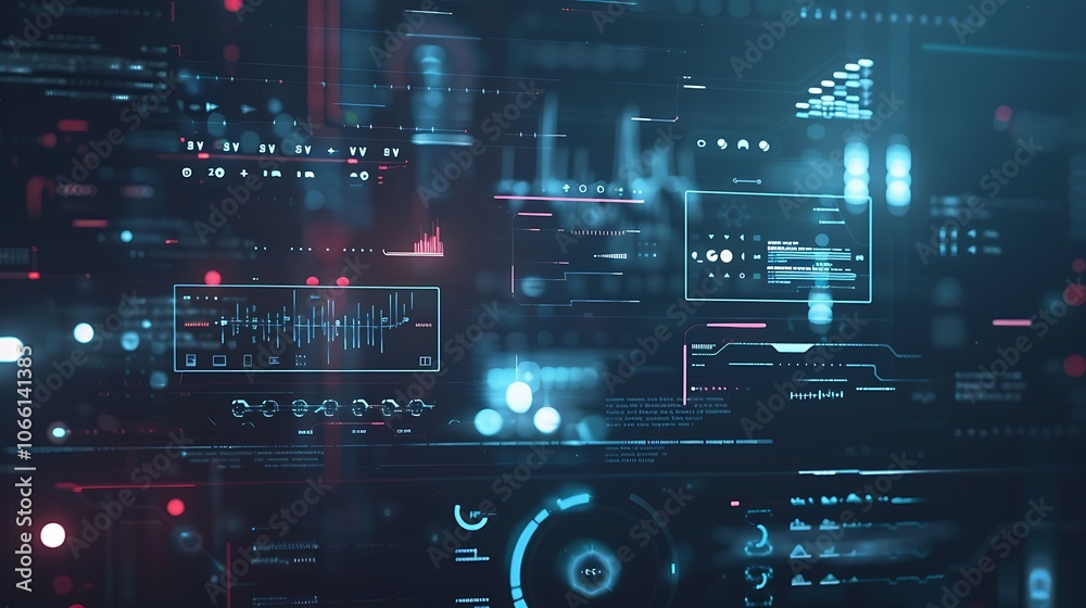 Wall mural close-up view of a futuristic digital interface with lines, numbers, and graphics on the screen. it 
