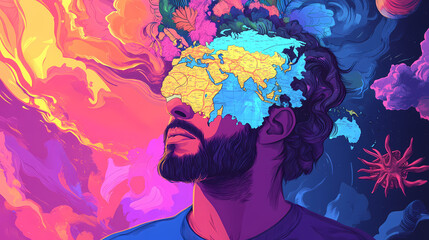 Naklejka premium Surreal man with world map head exploring psychedelic dreamscape digital art concept. psychedelic art. illustration. Dreamscape. Illustration