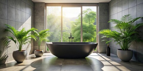 A Modern Bathroom with a Black Freestanding Tub and Lush Greenery, Bathed in Sunlight Streaming Through a Large Window