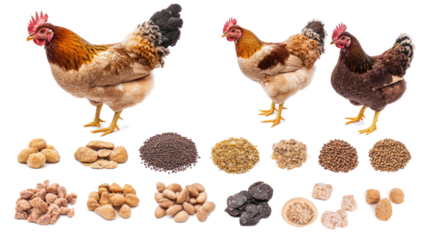 Chickens With Assorted Feed on Transparent Background Generative AI