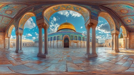 A panoramic view of the Dome of the Rock in Jerusalem, with its golden dome and intricate mosaic decorations.