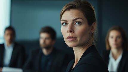 A woman in a black suit is looking at the camera. Generative AI