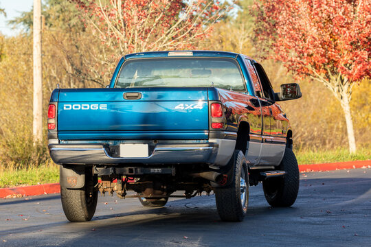 Portland, OR, USA - Oct 31, 2020 - 2000 Dark Blue Dodge Ram 2500 Cummins 24 Valve Turbo Diesel 4x4 off-road American pickup truck exterior. High quality picture for download.	