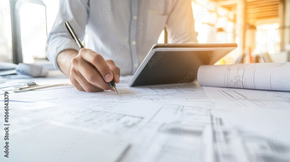 Poster architect reviewing blueprints with a pen and tablet