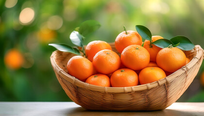 Mandarin Orange in Bamboo basket with blur green bokeh background