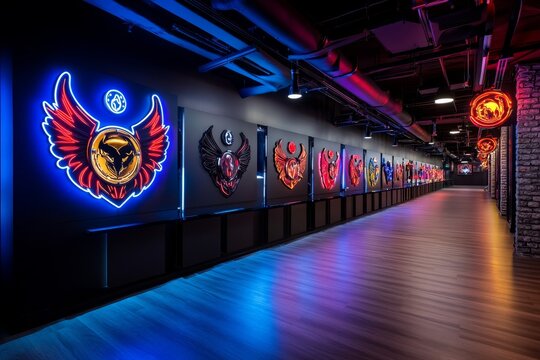 A cyberpunk scene with neon-lit military emblems and digital screens displaying messages of appreciation for soldiers