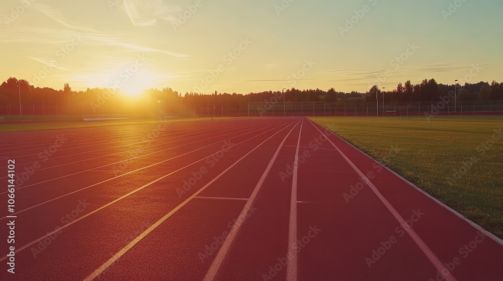 Poster red running track with white lines stretching into the distance, bathed in the warm glow of the sett