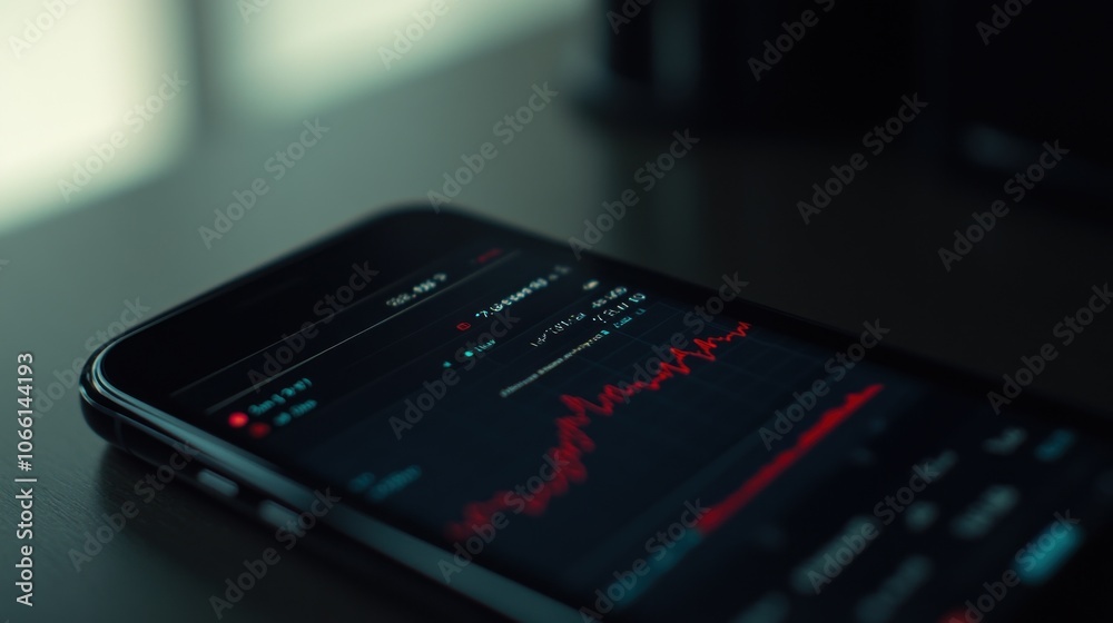 Poster Smartphone Displaying a Red Line Graph on a Dark Background