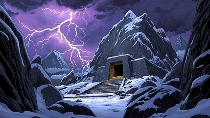 Mysterious Mountain Entrance with Lightning Storm.