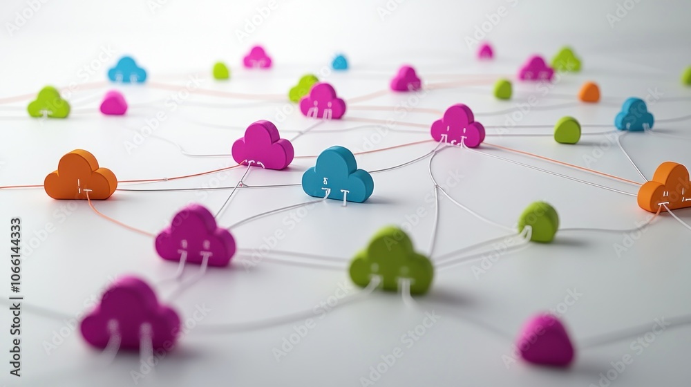 Poster Colorful Cloud Shapes Connected by Strings, Representing Network Connectivity