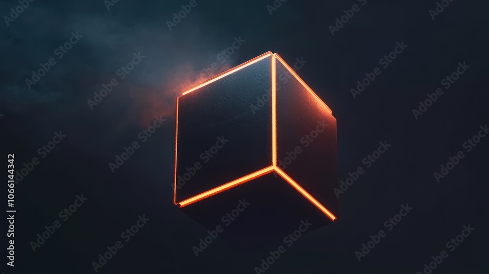 Poster black cube with glowing orange edges against a dark background