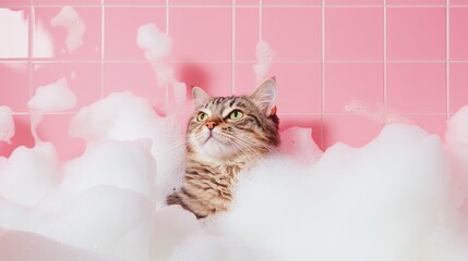 A cute cat kitten in bath with soap foam on glossy pink tile fashion background. adorable pet portrait shampoo pet grooming salon spa wallpaper 