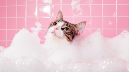 A cute cat kitten in bath with soap foam on glossy pink tile fashion background. adorable pet portrait shampoo pet grooming salon spa wallpaper 
