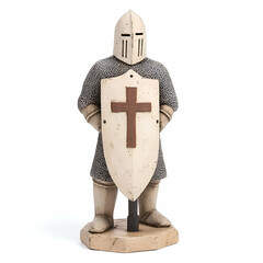 Medieval Knight Figurine with Shield and Cross, statue, armor, chainmail, helmet, warrior