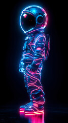 Holographic image of a child humanoid robot wearing futuristic armor made from wavy undulating lines, wearing a round helmet, pulsing with blue and pink neon waves.