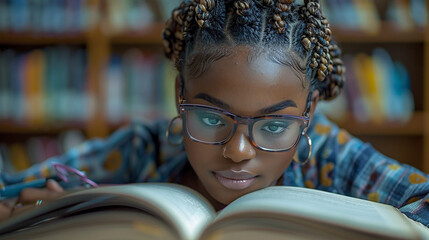 Student deeply engaged in study at library exploring knowledge through books and resources