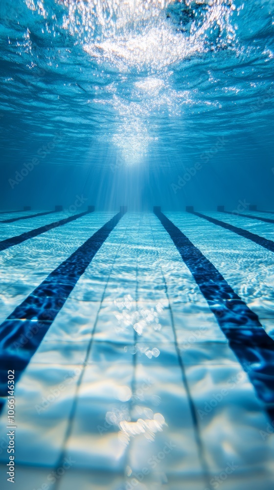 Poster Sunbeams are filtering through the surface of an empty swimming pool, illuminating the blue tiled floor and lane markers in a mesmerizing underwater view