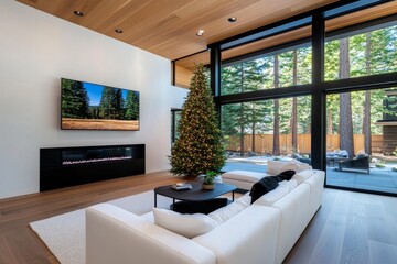 A modern minimalist living room with a Christmas tree decorated in a monochromatic style and matching holiday accents