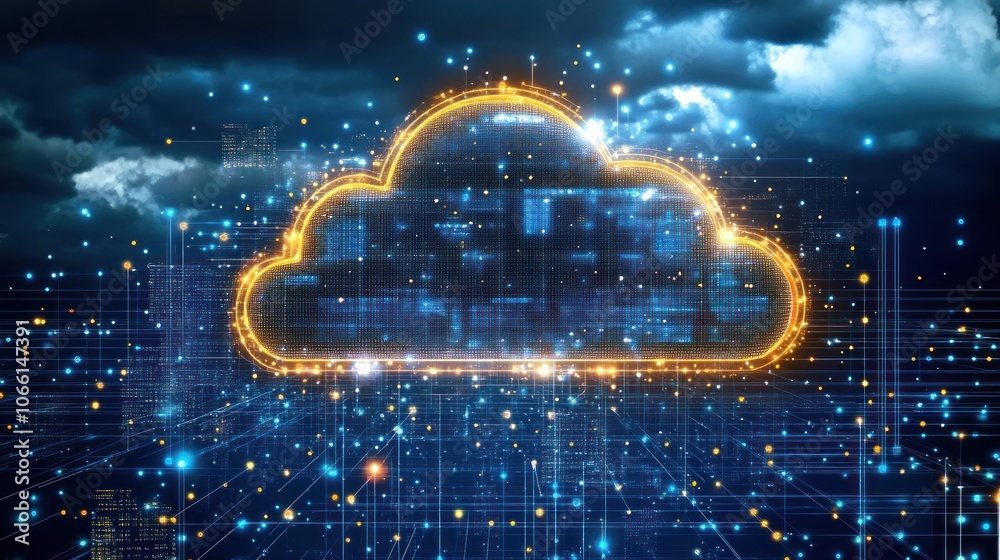 Poster Digital Cloud Computing Network with Bright Lights and Lines