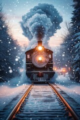 Naklejka premium Historic steam locomotive. Old vintage train ride in night snowy forest in north pole. Fairy tale winter landscape. Retro aesthetic. Christmas and New Year concept