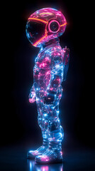 Holographic image of a child humanoid robot wearing futuristic armor made from wavy undulating lines, wearing a round helmet, pulsing with blue and pink neon waves.