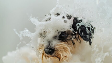 A cute dog in bath with soap foam on glossy white refreshing fashion background. adorable pet portrait shampoo pet grooming salon spa wallpaper