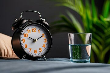 Alarm clock on a bedside table next to a glass of water, capturing a healthy morning setup
