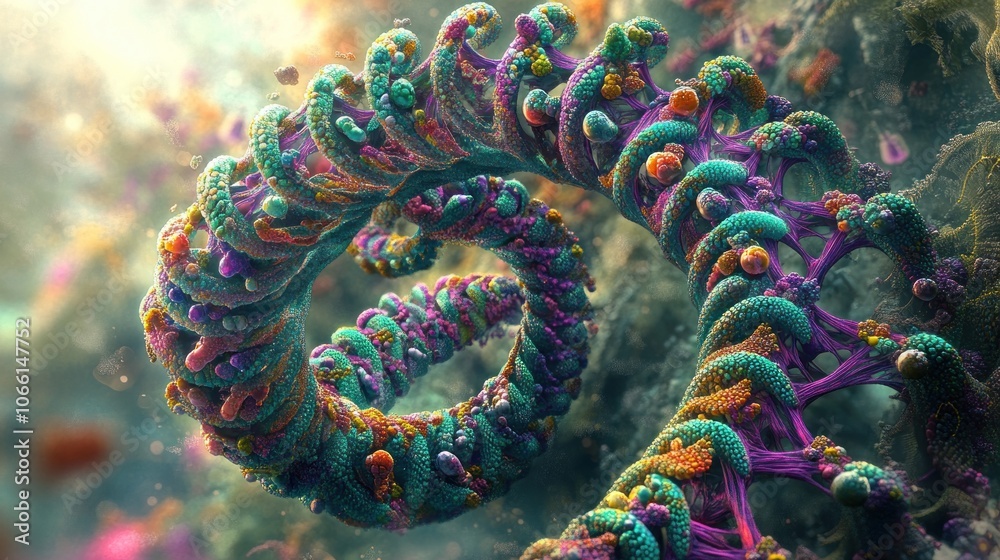 Poster abstract 3d render of a colorful, spiraling, organic structure