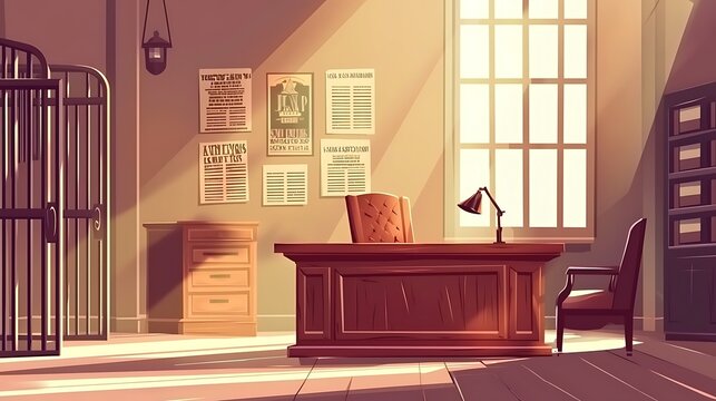 Retro Sheriff's Office Interior with Wooden Desk and Chair.