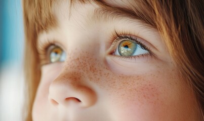Naklejka premium Close-up portrait of a young girl with freckles looking up with curious eyes.