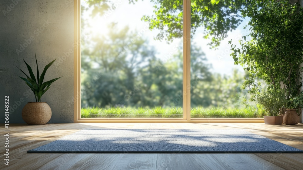 Poster sun shining through large window into empty room with yoga mat on hardwood floor, plants, and view o