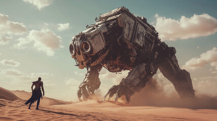 A lone figure encounters a massive robotic creature in a vast desert landscape during sunset