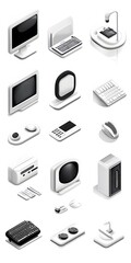 Set, Collection of Computer Icons, Computing, Black, on White Background, 9:16 and 16:9 Format