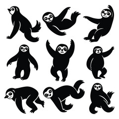 black sloths silhouette cliparts in different