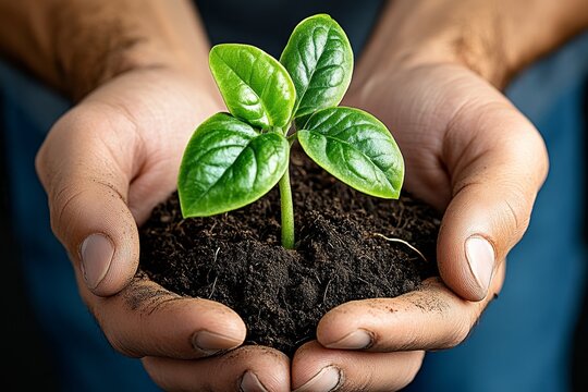 Close-up of hands holding a young plant in fertile soil, symbolizing tomorrowâ€™s commitment to reforestation and green practices