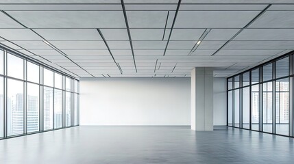 Obraz premium Empty modern office space with large windows and city skyline view.