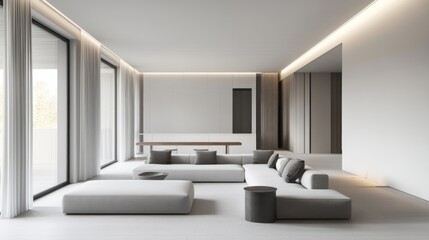 Modern Living Room Interior with White Walls, Grey Sofa, and Wooden Table