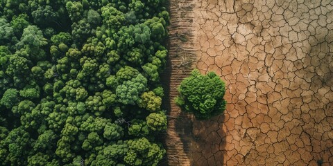 Forested Boundary Against Barren Land. A contrast between green forest and cracked earth, symbolizing the encroachment of drought on fertile areas