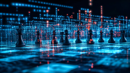 Fototapeta premium Chess Pieces in a Digital World, technology, binary code, data, strategy, game