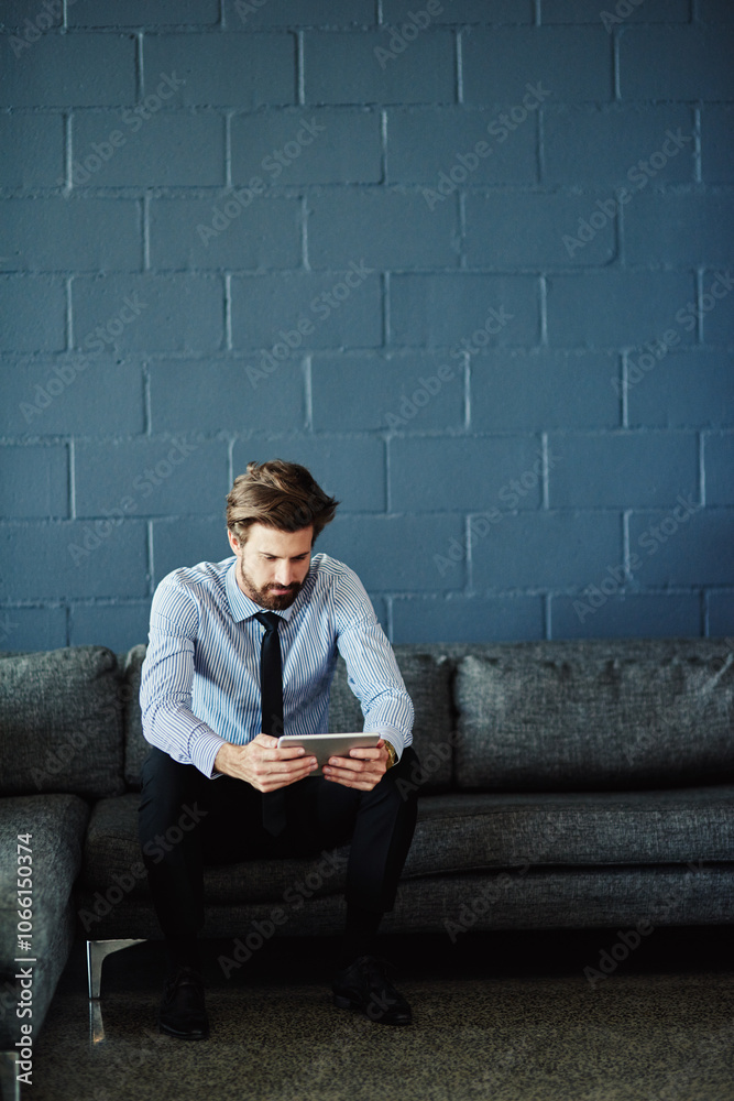 Poster search, tablet and reading with business man for cloud solutions architect, it consultant or mockup.