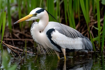 Fototapeta premium Heron standing in a small rural pond surrounded by reeds and cattails, showing water-based biodiversity in rural areas
