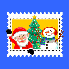 christmas card with santa claus, chistmas tree, and snowman in vector