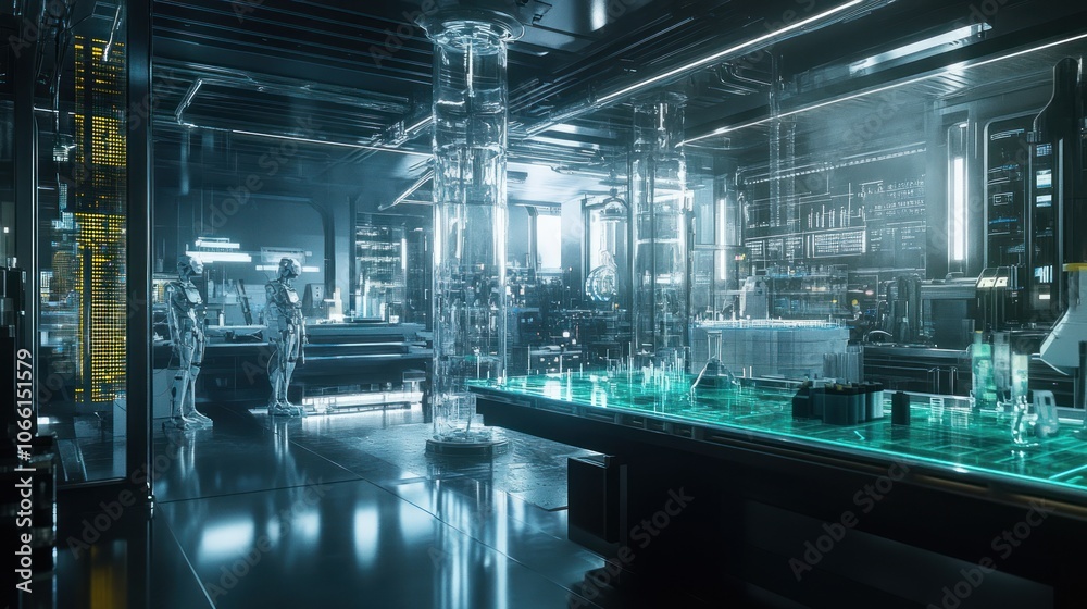 Poster Futuristic Laboratory with Two Humanoid Robots and a Glass Table